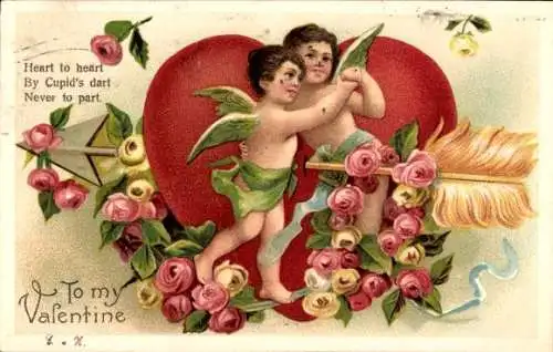 Präge Ak Glückwunsch Valentinstag, Amor, Rosen, Pfeil, Herz