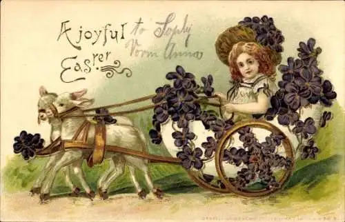 Ak Glückwunsch Ostern, Lämmer, Osterei-Karren, Mädchen, Veilchen