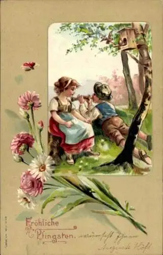 Präge Litho Glückwunsch Pfingsten, Kinder, Blumen, Marienkäfer, Vogelhäuschen