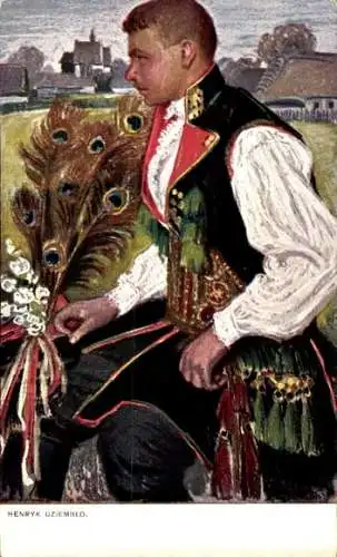 Künstler Ak Uziemblo, H., Mann in polnischer Tracht, Pfauenfeder