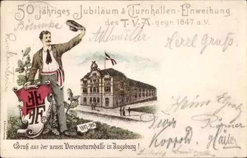 Ganzsachen Litho Augsburg in Schwaben, 50 jähriges Jubiläum Turnhallen Einweihung des TVA 1847