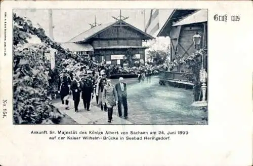 Ak Ostseebad Heringsdorf auf Usedom, König Albert von Sachsen auf der Kaiser Wilhelm Brücke 1899