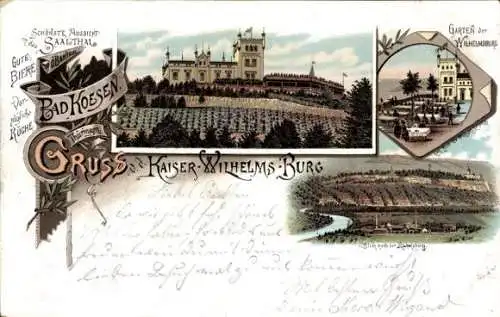 Litho Bad Kösen Naumburg an der Saale, Kaiser Wilhelms-Burg, Barthel, Garten, Saal, Rudelsburg