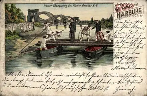 Litho Hamburg Harburg, Wasser-Übungsplatz des Pionier Batl. Nr. 9