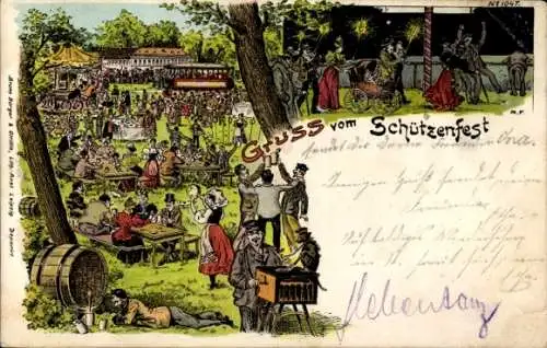 Litho Gruß vom Schützenfest, Festplatz, Leierkastenmann, BB&OL 1047