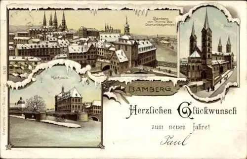 Winter Litho Bamberg in Oberfranken, Glückwunsch Neujahr, Stadtansichten, Dom, Rathaus