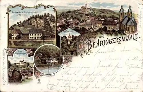 Litho Behringersmühle Gößweinstein in Oberfranken, Restaurant, Stempfermühle, Blick auf den Ort