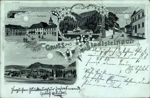 Mondschein Litho Ak Stadtsteinach Oberfranken, Marktplatz, Papier Fabrik, Hauptstraße, Totale