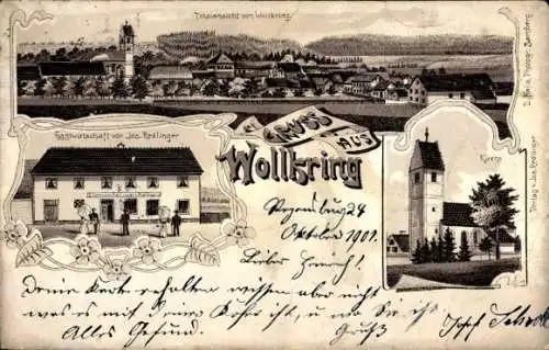 Litho Wollkring Regensburg an der Donau Oberpfalz ?, Gastwirtschaft, Totalansicht, Kirche