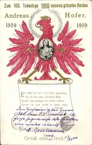 Ak Tirol, Tiroler Adler, Ein Bild ist mir in's Herz gegraben, Jesus, 100. Todestag Andreas Hofer