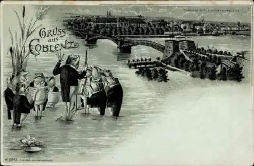 Litho Koblenz am Rhein, Stadtansicht, vermenschlichte Frösche, Froschchor
