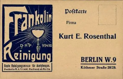 Ak Berlin Tiergarten, Reklame, Firma Kurt E. Rosenthal, Köthener Straße 18, Frankolin Reinigung