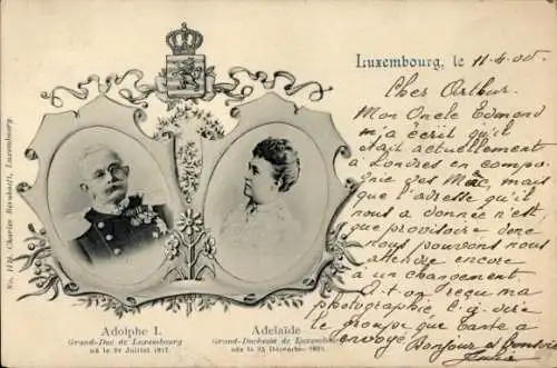 Ak Adel Luxemburg, Großherzog Adolphe I, Adelaide, Portrait
