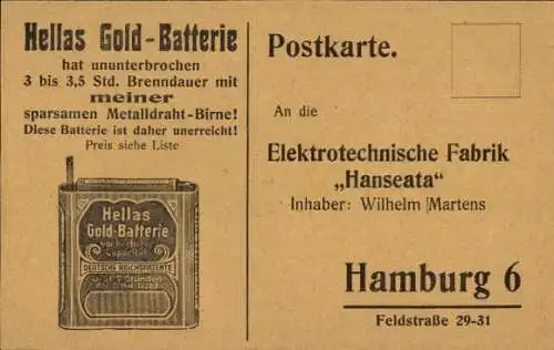 Ak Hamburg, Reklame, Elektrotechnische Fabrik Hanseata, Wilhelm Martens, Hellas Gold Batterie