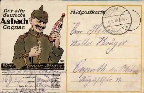 Ak Reklame, Asbach Cognac, Feldpostkarte, deutscher Soldat