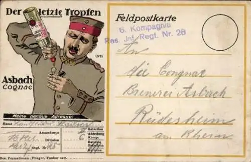 Ak Reklame, Asbach Cognac, Feldpostkarte, deutscher Soldat