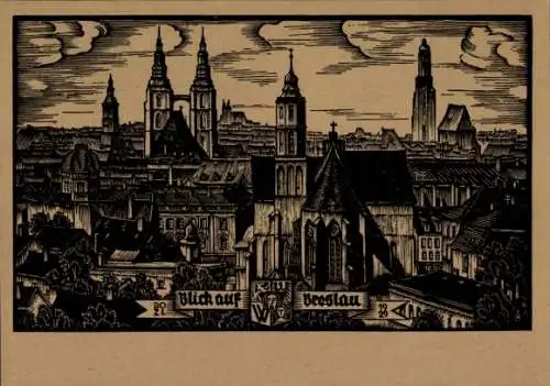 Künstler Ak Zimmermann, B., Wrocław Breslau Schlesien, Rathaus, Kirche, Wappen