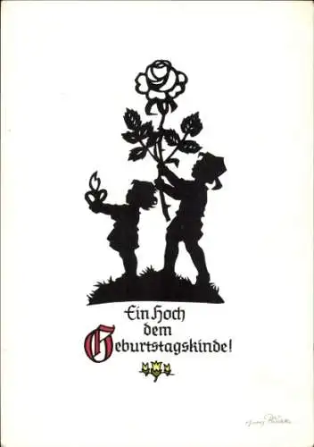 Scherenschnitt Künstler Ak Plischke, G., Glückwunsch Geburtstag, Gratulanten, Blume