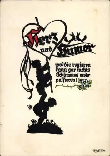 Scherenschnitt Künstler Ak Plischke, G., Kinder, Herz, Humor, Blume