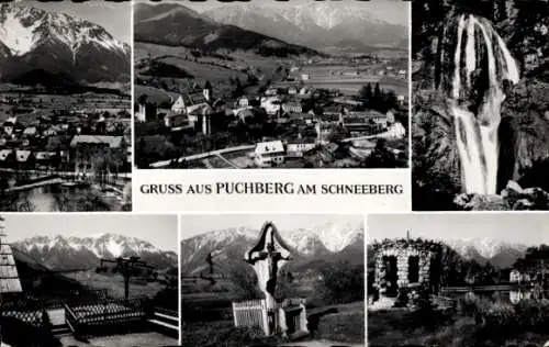 Ak Puchberg am Schneeberg Niederösterreich, Panorama, Wasserfall, Kreuz, Seilbahn