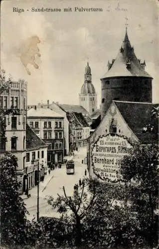 Ak Riga Lettland, Sandstraße, Pulverturm, Straßenbahn