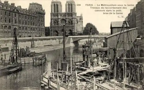 Ak Paris XVI Passy, Viaduc du Métropolitain, Seine, Travaux de raccordement des caissons