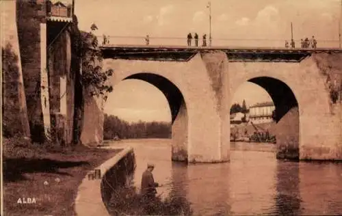 Ak Villeneuve sur Lot Lot et Garonne, Le Vieux Pont, Angler