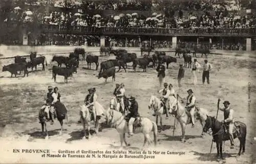 Ak Bouches-du-Rhône, Gardians et Gardianetos des Saintes Maries de la Mer en Camargue