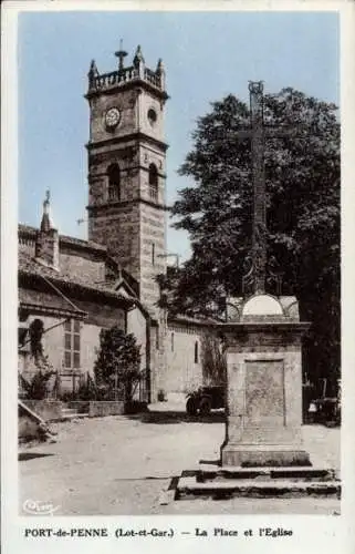 Ak Port-de-Penne Lot-et-Garonne, La Place, Kirche, Kreuz