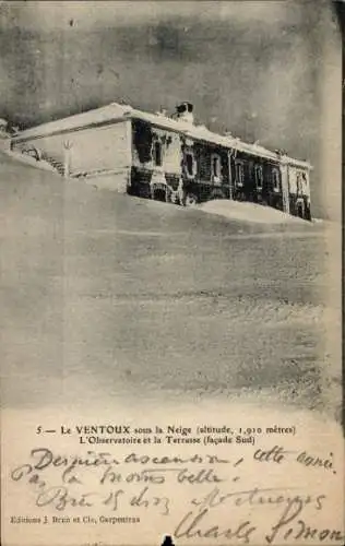 Ak Vaucluse, Le Ventoux sous la Neige, L'Observatoire, la Terrasse, facade Sud