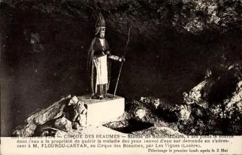 Ak Sainte Enimie Lozère, Gorges du Tarn, Cirque des Baumes, Statue de Saint-Hilaire