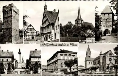 Ak Wörth am Main in Unterfranken, Hexenturm, Rathaus, Kriegerdenkmal, Volksschule, Oberes Tor
