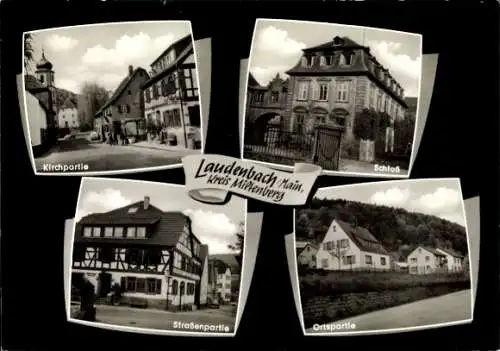 Ak Laudenbach am Main Unterfranken, Schloss, Fachwerkhaus, Kirche, Straßenpartie