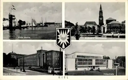 Ak Kiel, Kieler Woche, Rathaus, Stadttheater, Ostseehalle, Landesregierung, Wappen