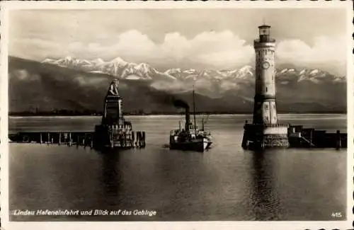 Ak Lindau am Bodensee Schwaben, Hafeneinfahrt, Alpen