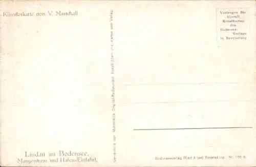 Künstler Ak Marschall, V., Lindau im Bodensee Schwaben, Hafeneinfahrt, Mangenturm