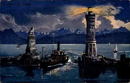 Künstler Ak Lindau im Bodensee, Hafeneinfahrt, Leuchtturm, Dampfer