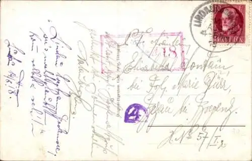 Künstler Ak Lindau im Bodensee, Hafeneinfahrt, Leuchtturm, Dampfer