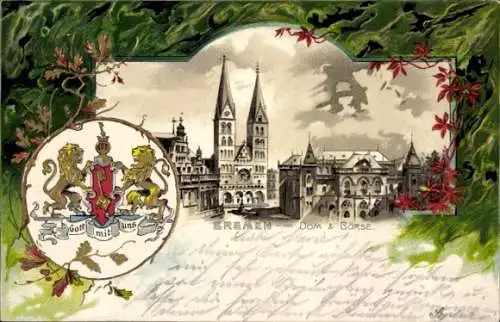 Präge Wappen Litho Hansestadt Bremen, Dom, Börse, Gott mit uns