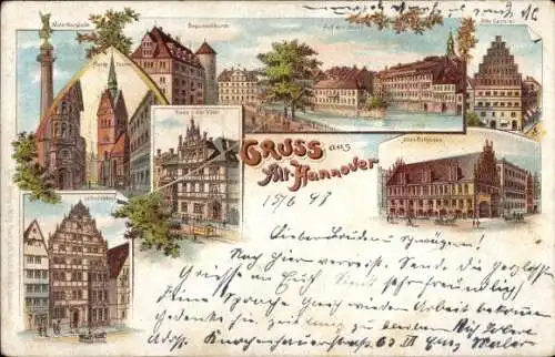 Litho Hannover in Niedersachsen, Rathaus, Waterloosäule, Kanzlei, Beguinenturm