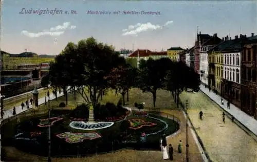 Ak Ludwigshafen am Rhein, Marktplatz, Schiller Denkmal