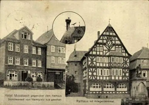 Ak Kirchhain in Hessen, Hotel Mosebach, Storchennest, Rathaus, Kriegerdenkmal