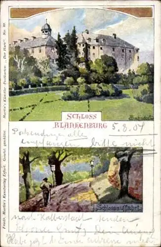 Künstler Ak Bahndorf, Heribert, Blankenburg am Harz, Schloss, Schlossauffahrt