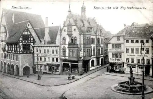 Ak Nordhausen am Harz, Kornmarkt, Neptunbrunnen, Geschäft Otto Peter