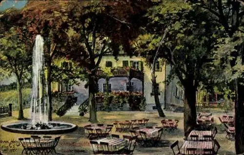 Künstler Ak Schneidemühle im Zeitzer Forst Wetterzeube im Burgenlandkreis, Restaurant, Brunnen