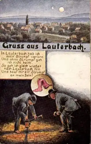 Ak Lauterbach in Hessen, Strumpf verlorn, Blick auf den Ort bei Nacht