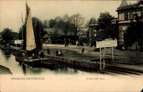 Ak Hamburg Nord Winterhude, Quai mit Vergnügungsetablissement Fährhaus, Segelboot, Anlegestelle