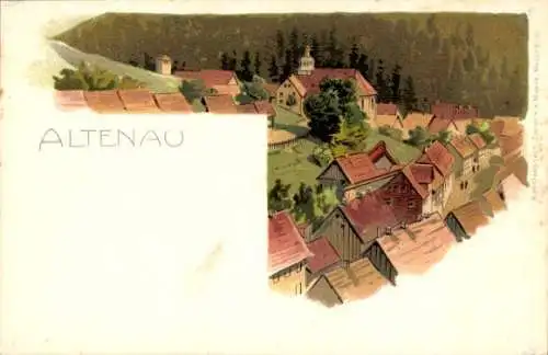 Litho Altenau Clausthal Zellerfeld im Oberharz, Teilansicht des Ortes