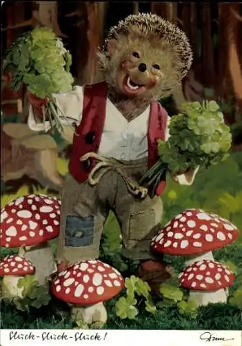 Ak Glück Glück Glück, Mecki der Igel, Kleeblätter, Fliegenpilze