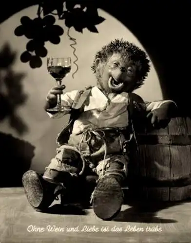 Ak Mecki der Igel, Ohne Wein und Liebe ist das Leben trübe, Weinglas, Weinfass